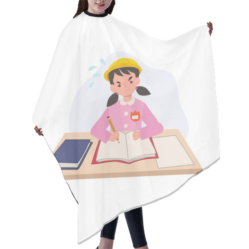 Personality  Young Japanese Girl In Kindergarten Uniform Is Deeply Focused On Her Homework Hair Cutting Cape