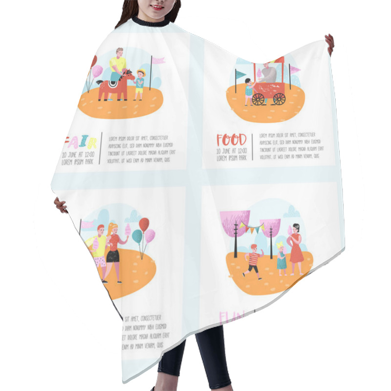 Personality  Summer Fun Fair Poster, Banner, Brochure. Amusement Park Characters With Cartoon People. Family Kids Vacation. Vector Illustration Hair Cutting Cape