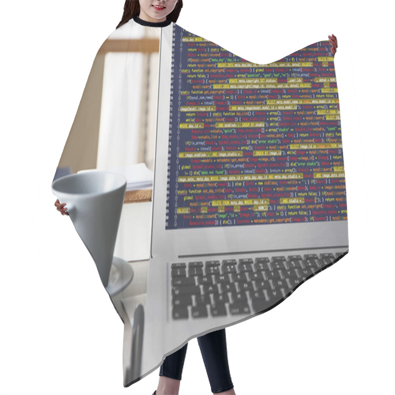 Personality  Laptop Of Programmer With Script Code Hair Cutting Cape