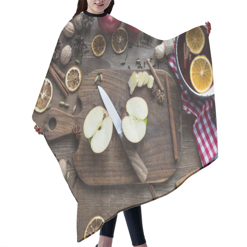 Personality  Cut Apple And Knife On Wooden Board  Hair Cutting Cape