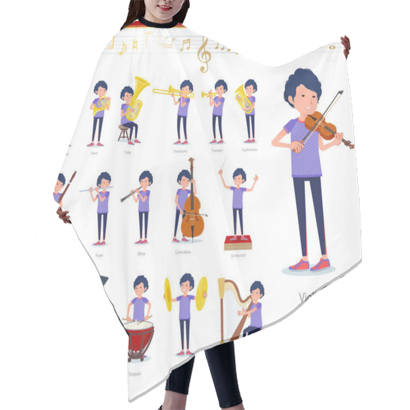 Personality  A Set Of Man In Sportswear On Classical Music Performances.There Are Actions To Play Various Instruments Such As String Instruments And Wind Instruments.It's Vector Art So It's Easy To Edit. Hair Cutting Cape