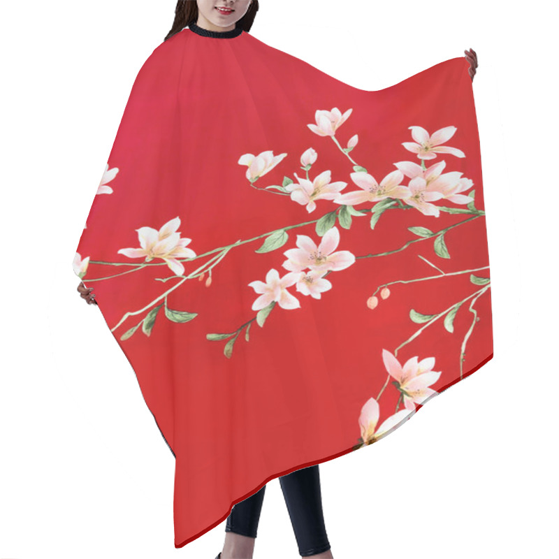 Personality  Close Up Of Pink Sakura Cherry Blossom Flower Tree With Its Leaves, Printed On A Bright Red Fabric Background. Suitable For Chinese Traditional Clothes. Seamless Background Texture. Hair Cutting Cape