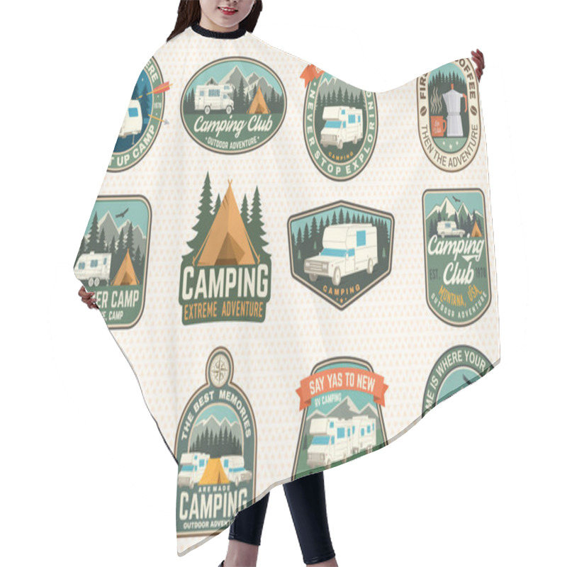 Personality  Set Of Rv Camping Badges, Patches. Vector. Concept For Shirt Or Logo, Print, Stamp Or Tee. Vintage Typography Design With RV Motorhome, Camping Trailer And Off-road Car Silhouette. Hair Cutting Cape