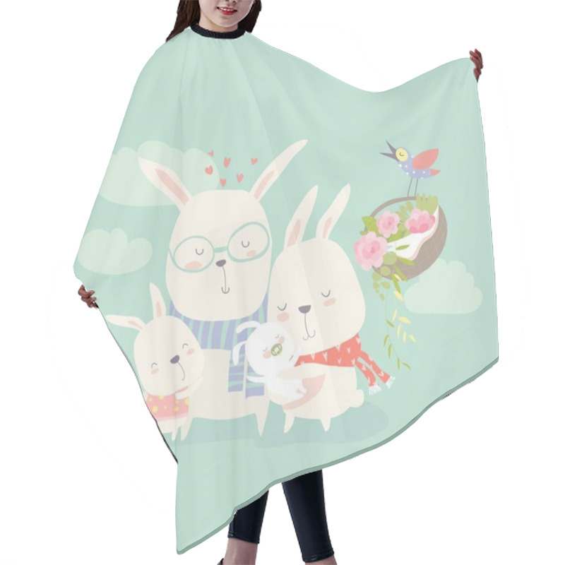 Personality  Illustration Of Happy Cartoon Rabbits Family With New Born Hair Cutting Cape