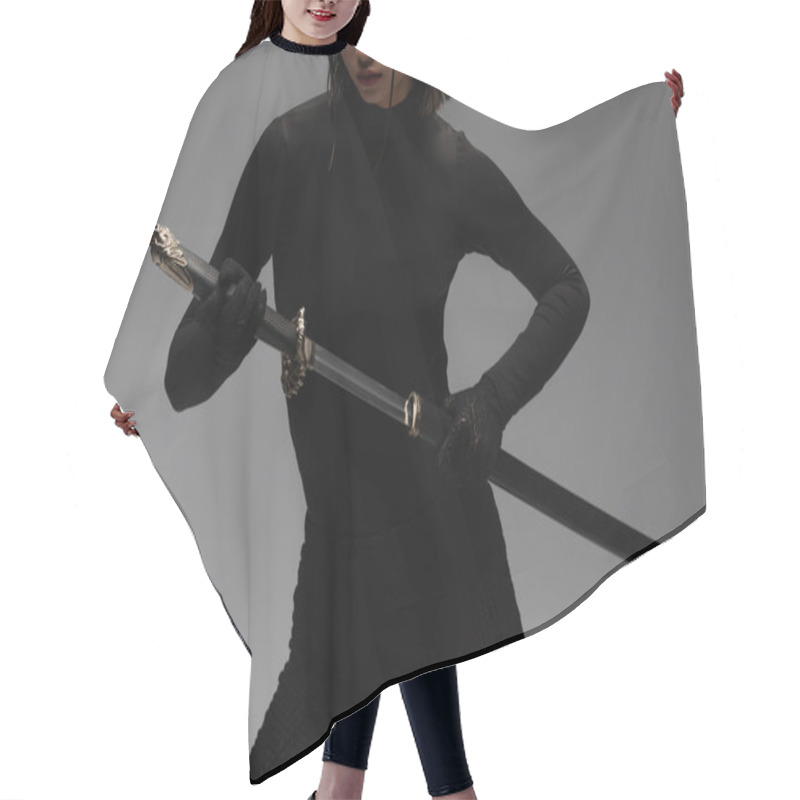 Personality  Cropped View Of Woman In Black Outfit Pulling Out Katana From Scabbard Isolated On Grey Hair Cutting Cape