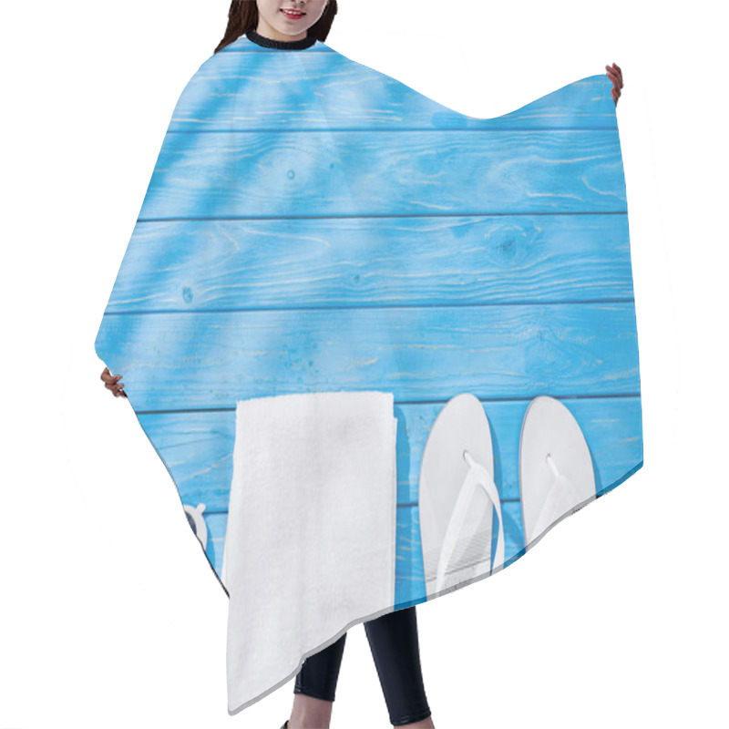 Personality  Top View Of White Folded Towel, Retro Sunglasses And Flip Flops On Blue Wooden Background With Shadows And Copy Space Hair Cutting Cape