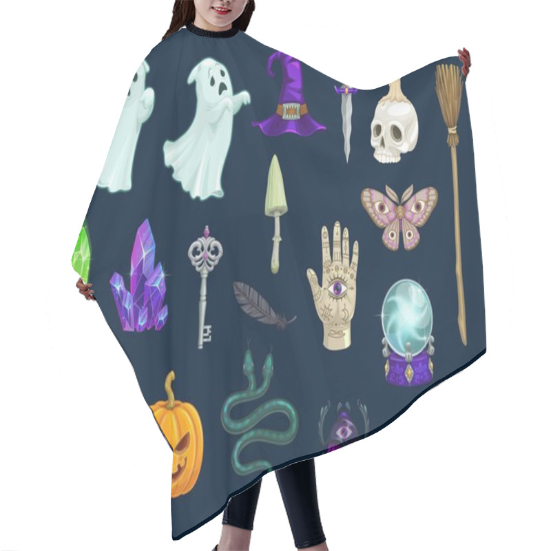 Personality  Halloween, Magic And Occult Objects Of Vector Ghosts, Pumpkin Jack-o-lantern, Scarab And Witch Hat, Broom, Snake, Crystals And Mushroom. Cartoon Skull, Candle, Knife And Feather, Key Or All Seeing Eye Hair Cutting Cape