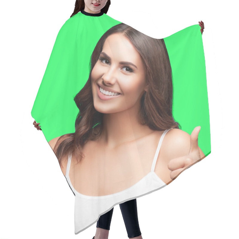 Personality  Woman Showing Thumbs Up Gesture, On Green Chroma Key Background Hair Cutting Cape