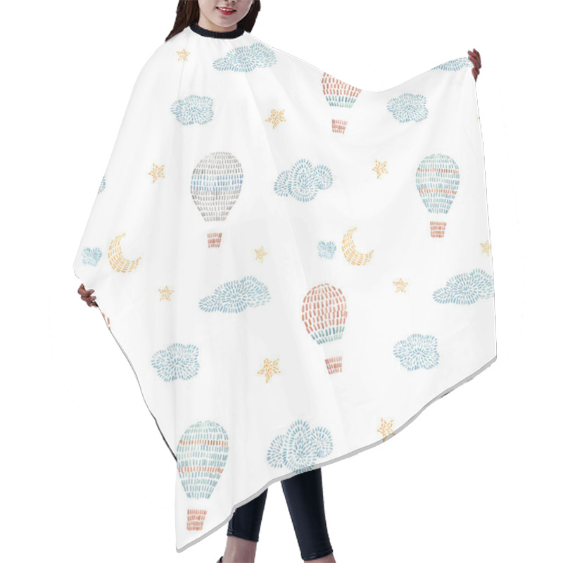 Personality  Watercolor Seamless Pattern With Air Baloons, Sky, Clouds, Stars, In Cute Baby Stitch Embroidery Style. Ready Print For Wallpapers In Childroom. Hair Cutting Cape