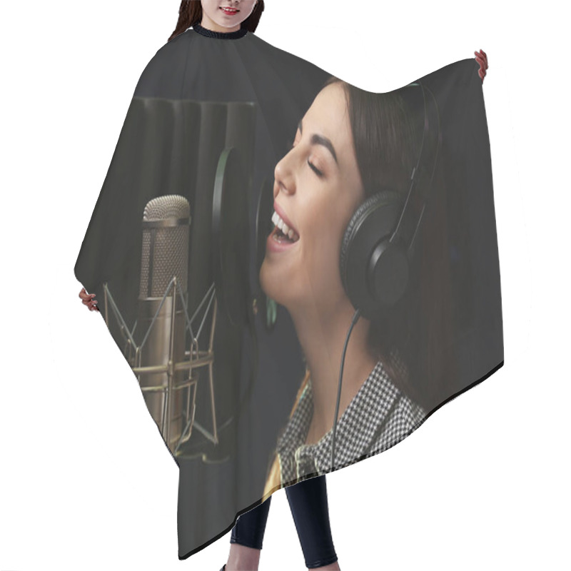 Personality  Young Singer With Microphone Recording Song In Studio Hair Cutting Cape