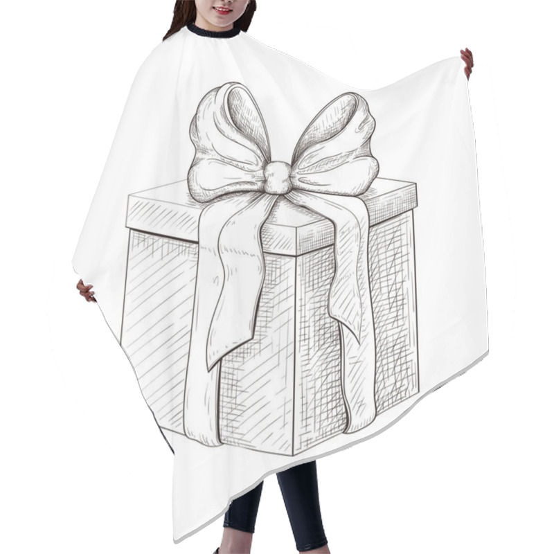 Personality  Vintage Gift Box Hand Drawn. Engraved Present Illustration Isolated On White Background. Present Box Icon With Lush Bow And Ribbon. Wrapped Gift Sketch. Vector Monochrome Line Art. Silhouette Of Box Hair Cutting Cape