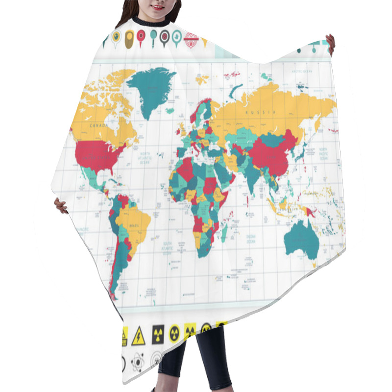 Personality  World Map And Nuclear Power Technology Icons With Contamination  Hair Cutting Cape