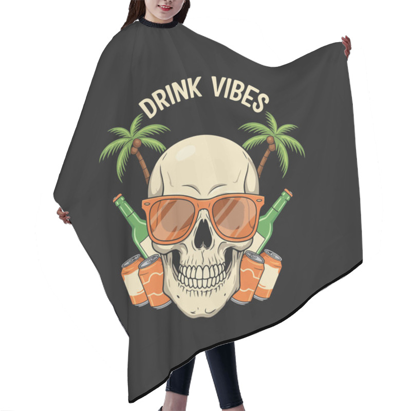 Personality  A Stylized Skull Wearing Sunglasses Is Surrounded By Beer Bottles, Cans, And Palm Trees Representing A Summer Drink Vibe. Hair Cutting Cape