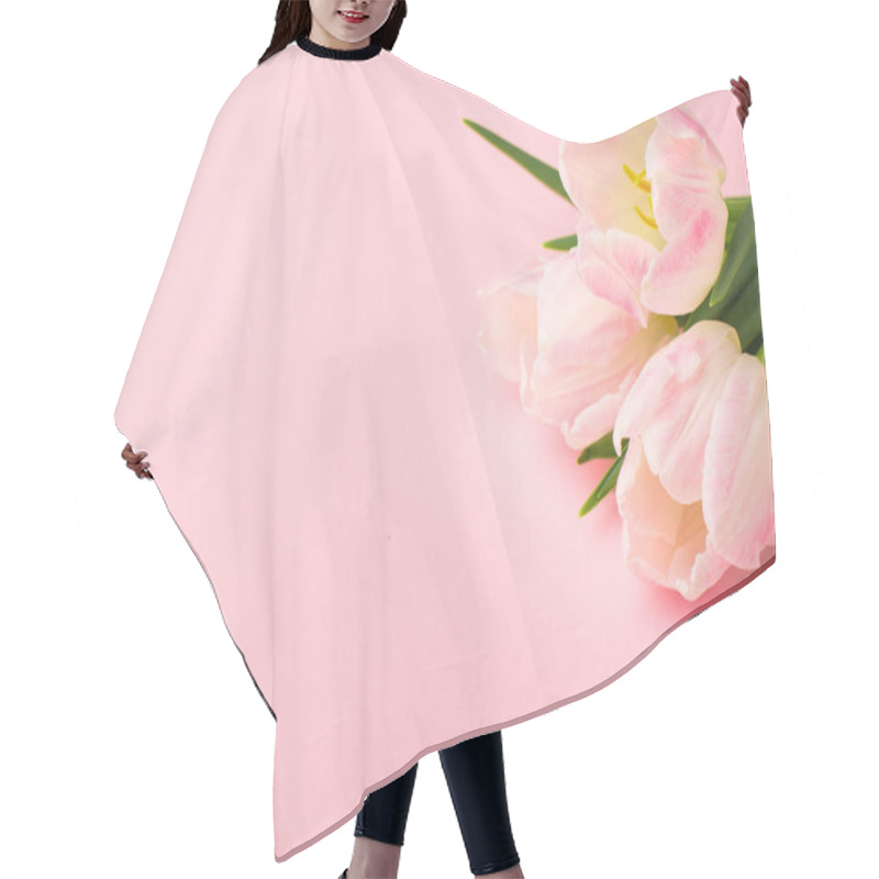 Personality  Spring Flower Pink Tulips On The Pink Background With Copyspace. Theme Of Love, Mother's Day, Women's Day Hair Cutting Cape