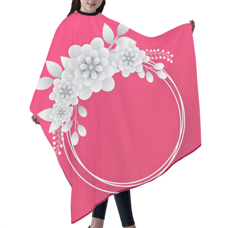 Personality  White Paper Flowers With Circular Frame On Pink Background.  Hair Cutting Cape