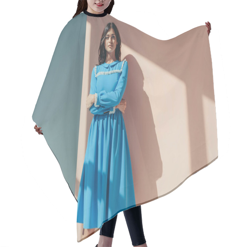 Personality  Woman In Fashionable Turquoise Dress Hair Cutting Cape