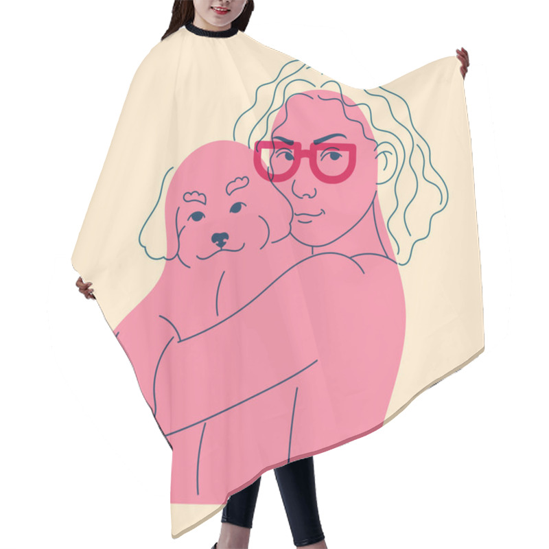 Personality  Girl With Dog. Avatar, Badge, Poster, Logo Templates, Print. Vector Illustration In Doodle Style With Riso Print Effect Hair Cutting Cape