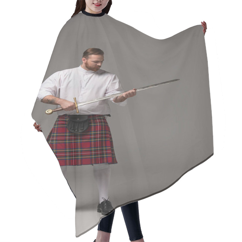 Personality  Scottish Redhead Man In Red Kilt With Sword On Grey Background Hair Cutting Cape