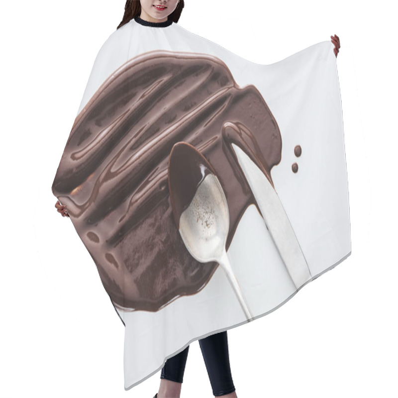 Personality  Top View Of Spilled Melted Chocolate With Table Knife And Spoon  Hair Cutting Cape