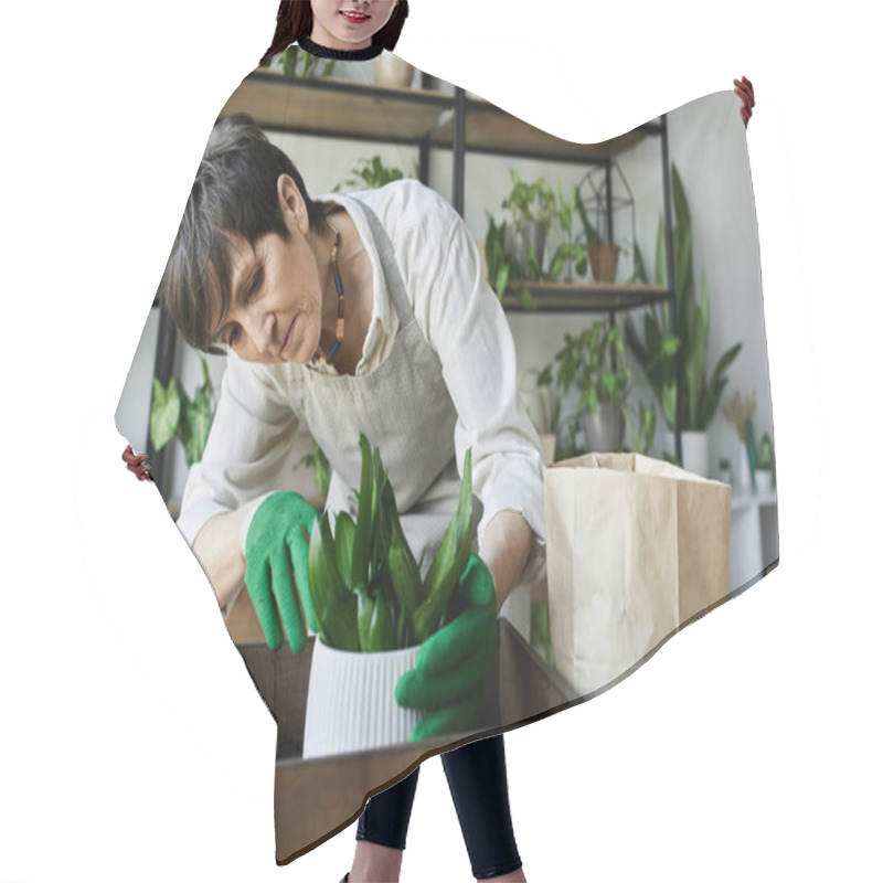 Personality  A Gardener Lovingly Arranges Her Beloved Plants In A Bright Studio. Hair Cutting Cape