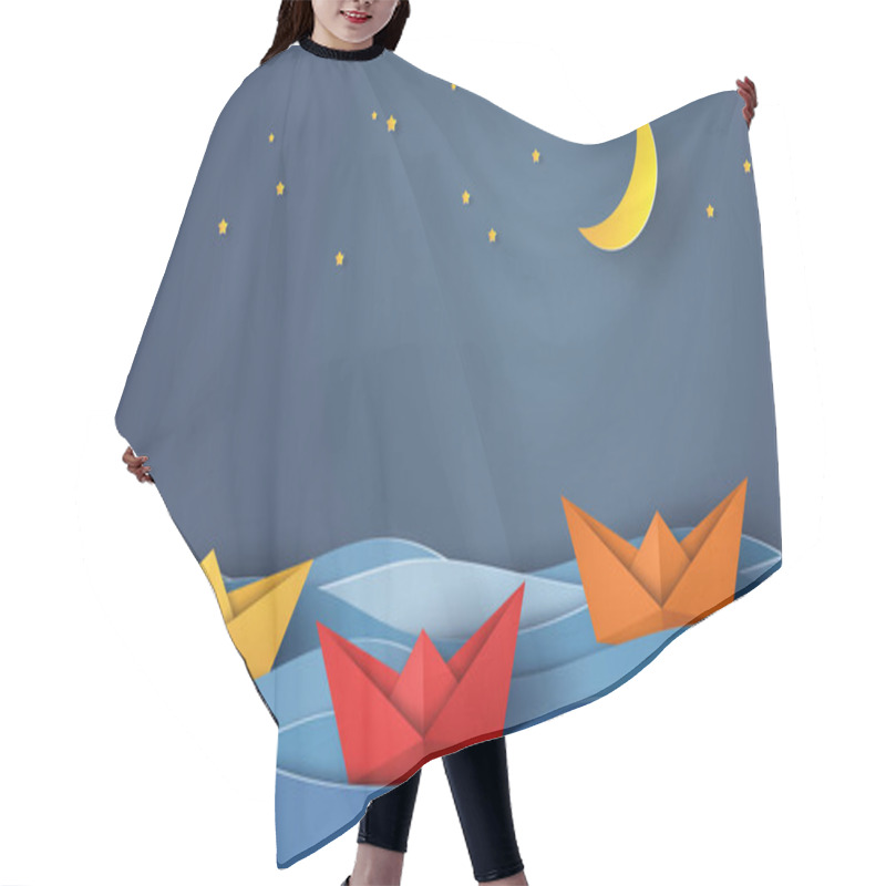 Personality  Origami Boat Sailing In Blue Ocean At Night , Paper Art Style Hair Cutting Cape