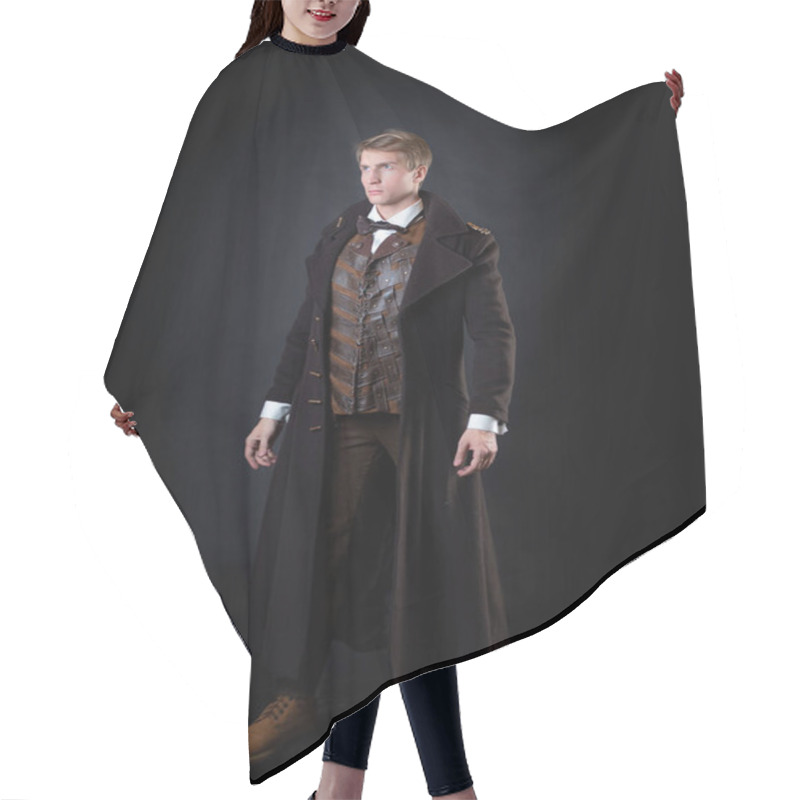 Personality  Character Of The Steampunk Story, A Young Attractive Man In An Elegant Long Coat Hair Cutting Cape