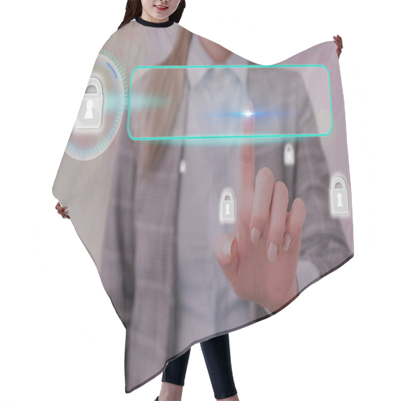 Personality  Graphics Of Latest Digital Technology Protection Data Padlock Security On The Virtual Display. Businessman With Lock To Secure. Hair Cutting Cape