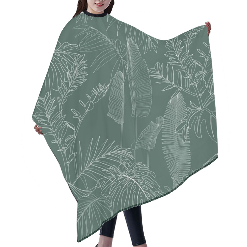 Personality  Elegant Seamless Pattern With Green Hand Drawn Line Tropical Leaves And Flowers. Floral Pattern. Vintage Green Background. Hair Cutting Cape