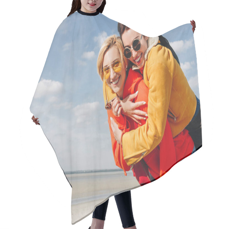 Personality  Happy Girls Piggybacking On Sandy Beach, Saint Michaels Mount, Normandy, France Hair Cutting Cape