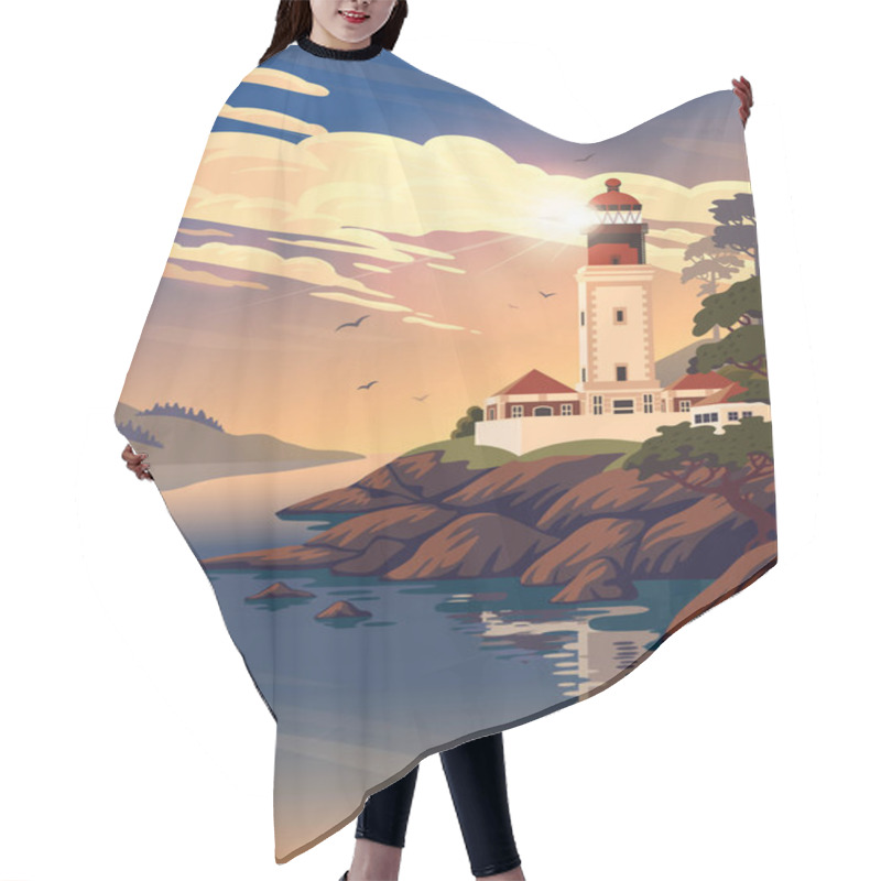 Personality  Lighthouse - Vector Landscape. Sea Landscape With Beacon On The Beach On Sunset. Vector Illustration In Flat Cartoon Style Hair Cutting Cape