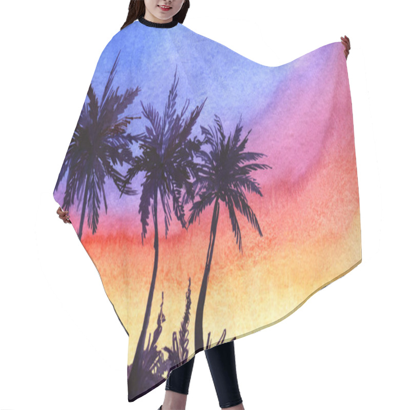 Personality  Beautiful Tropical Landscape Background. Dark Silhouette Of Sea Coast With Palm Trees Against Bright Gradient Sunset Sky Of Rainbow Colors. Watercolor Hand Drawn Illustration On Paper. Hair Cutting Cape