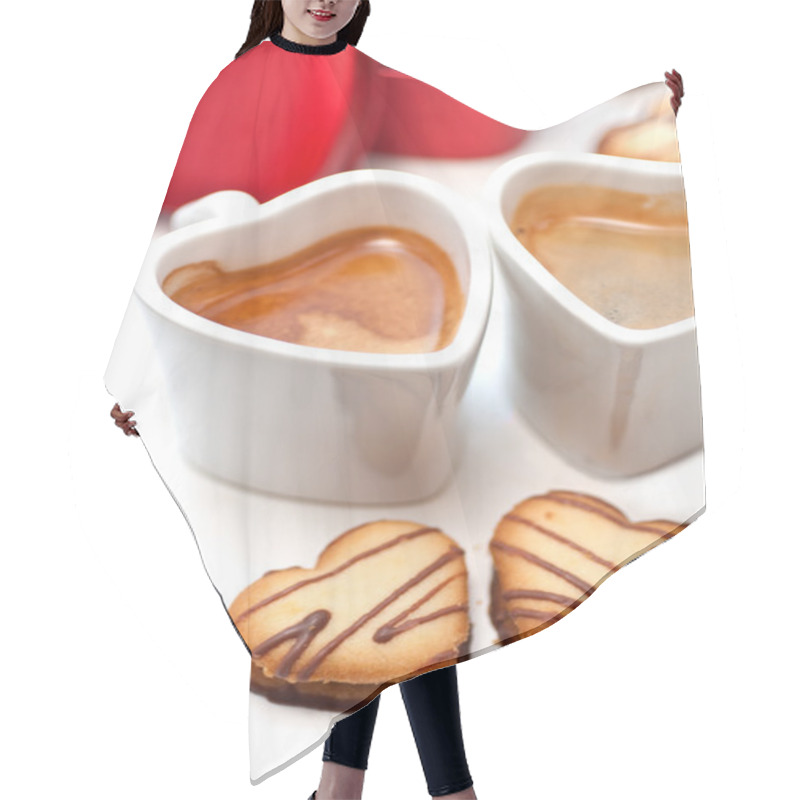 Personality  Heart Shaped Cream Cookies On Red Heart Metal Box And Coffee Hair Cutting Cape