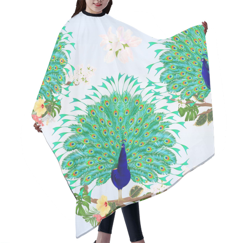 Personality  Seamless Texture Peacocks Beauty Tropical Birds On Branch With Hibiscus Ficus And Philodendron Watercolor Vintage Vector Illustration Editable Hand Drawn   Hair Cutting Cape