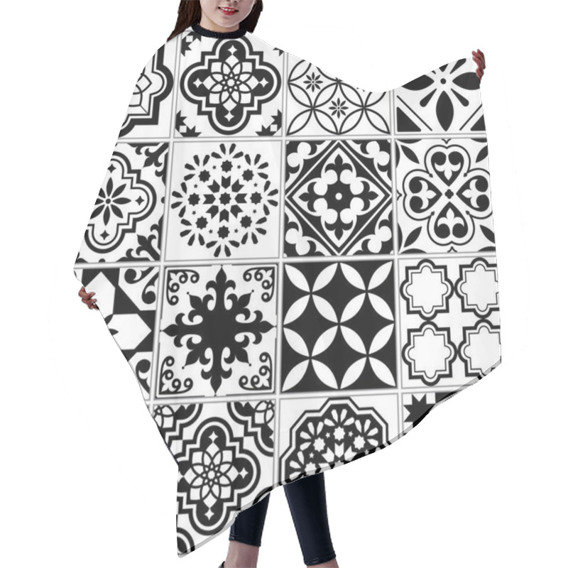 Personality  Vector Tile Pattern, Lisbon Floral Mosaic, Mediterranean Seamless Black And White Ornament Hair Cutting Cape