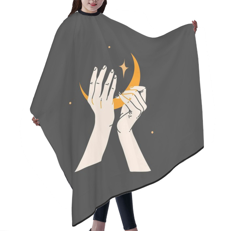 Personality  Hand Drawn Vector Abstract Stock Flat Graphic Alchemy Illustration With Logo Elements,magic Line Art Of Golden Crescent,feminine Hand Silhouette And Stars For Branding,isolated On Black Background Hair Cutting Cape