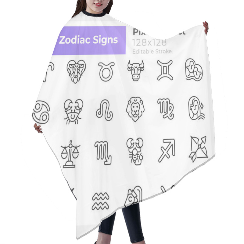 Personality  Zodiac Signs Pixel Perfect Linear Big Icons Set. Astrological Elements. Customizable Thin Line Symbols. Isolated Vector Outline Illustrations. Editable Stroke. Montserrat Bold, Light Fonts Used Hair Cutting Cape