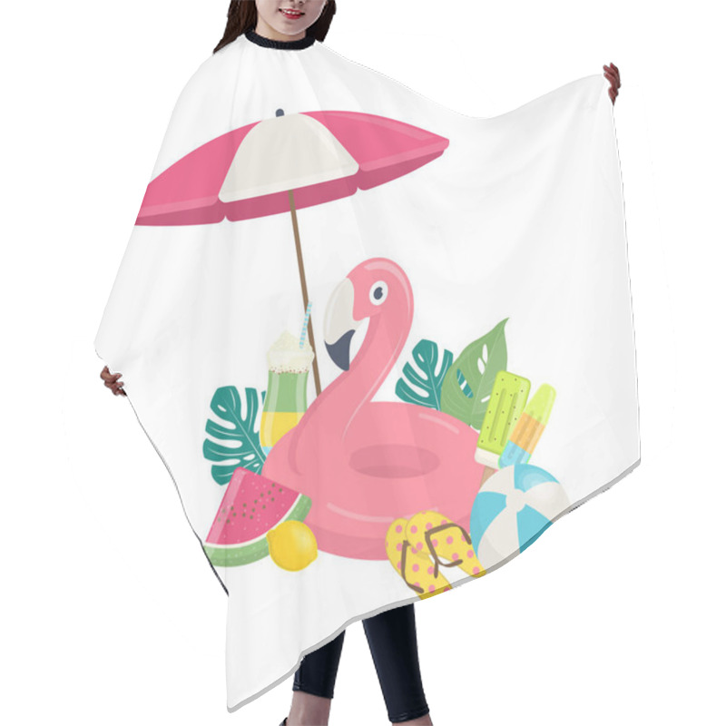 Personality  Summer Beach Vector Background With Pink Flamingo Inflatable Pool Float, Exotic Leaves,and Beach Accessories. Summer Beach Vacations Concept. Vector Illustration On White Backgroun Hair Cutting Cape