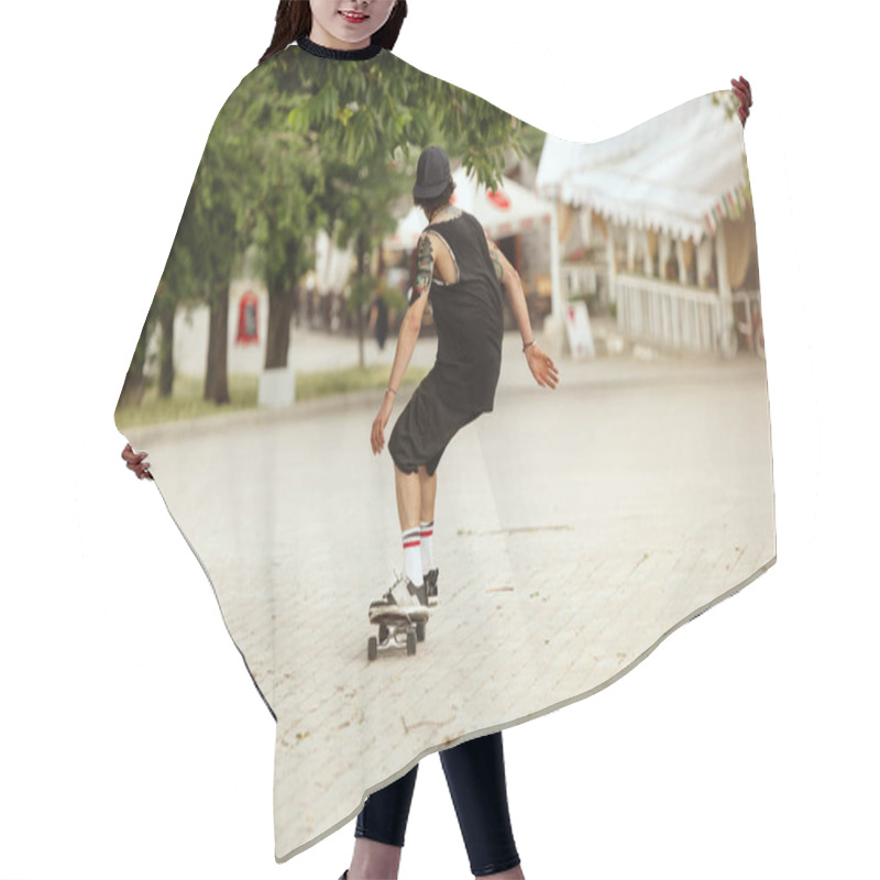 Personality  Skateboarder Doing A Trick At The Citys Street In Cloudly Day Hair Cutting Cape