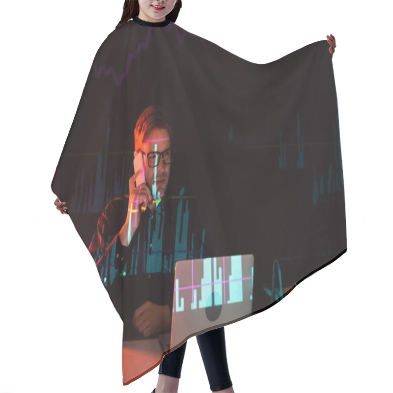 Personality  Programmer Talking On Smartphone Near Laptop With Charts Reflection And Notebook On Black Background  Hair Cutting Cape