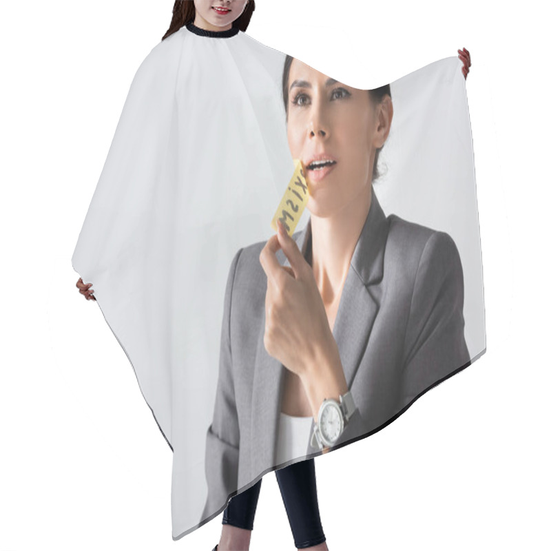 Personality  Businesswoman Taking Off Scotch Tape And Breathing Isolated On White, Sexism Concept  Hair Cutting Cape