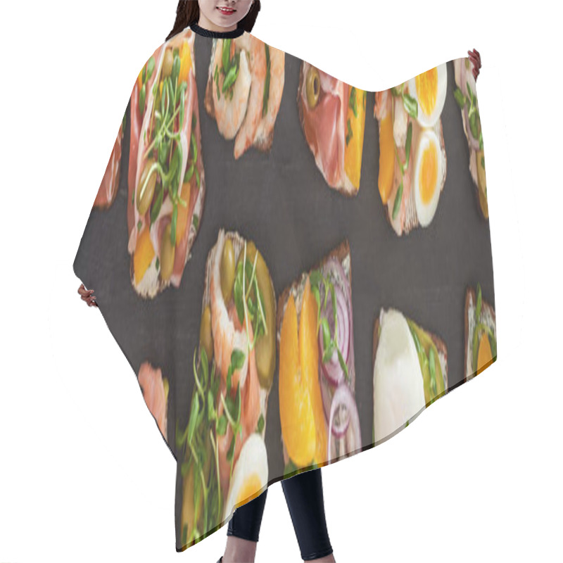 Personality  Panoramic Shot Of Rye Bread With Traditional Smorrebrod Sandwiches On Grey Surface  Hair Cutting Cape