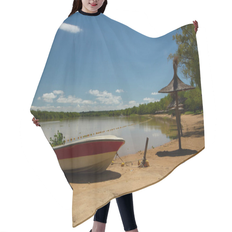 Personality  Panorama View Of The River Shore In A Summer Sunny Day. A Boat In The Sand In The Foreground And The Tropical Jungle In The Background Reflected In The Water. Hair Cutting Cape