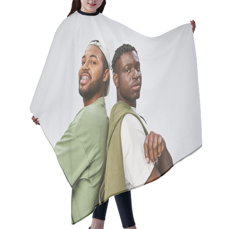 Personality  Juneteenth, Portrait Of African American Friends Standing With Folded Arms On Grey Background Hair Cutting Cape