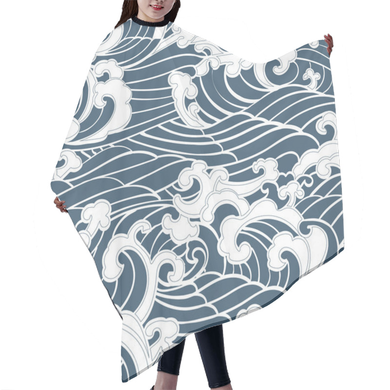 Personality  Pattern Seamless Ocean Waves Hand Drawn Japan Style On A Blue Background Hair Cutting Cape