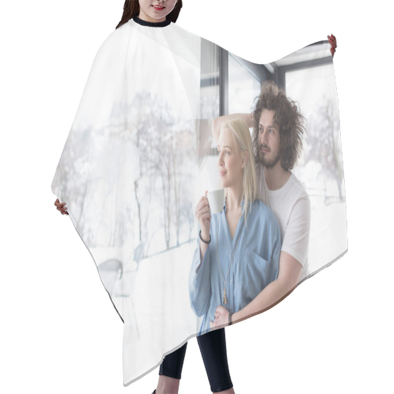 Personality  Young Couple Enjoying Morning Coffee By The Window Hair Cutting Cape