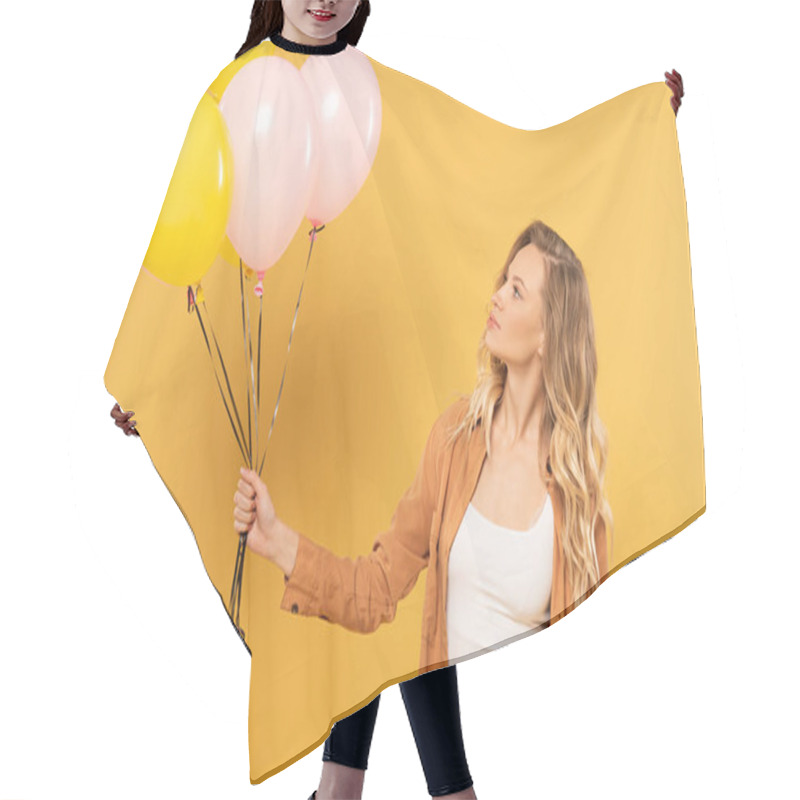 Personality  Blonde Woman Holding Balloons Isolated On Yellow Hair Cutting Cape