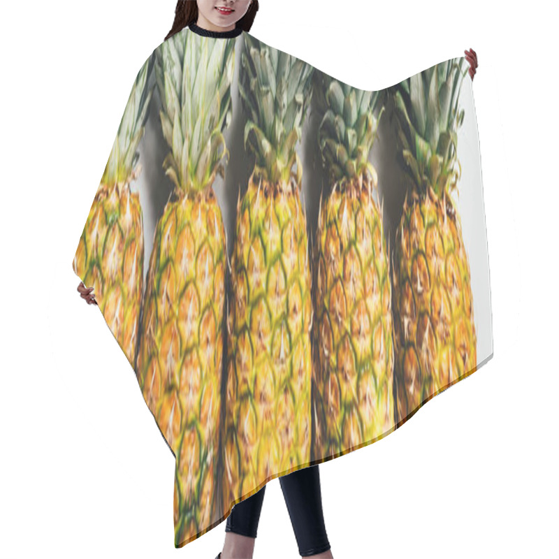 Personality  Flat Lay With Fresh Ripe Pineapples With Green Leaves On White Background, Panoramic Shot Hair Cutting Cape