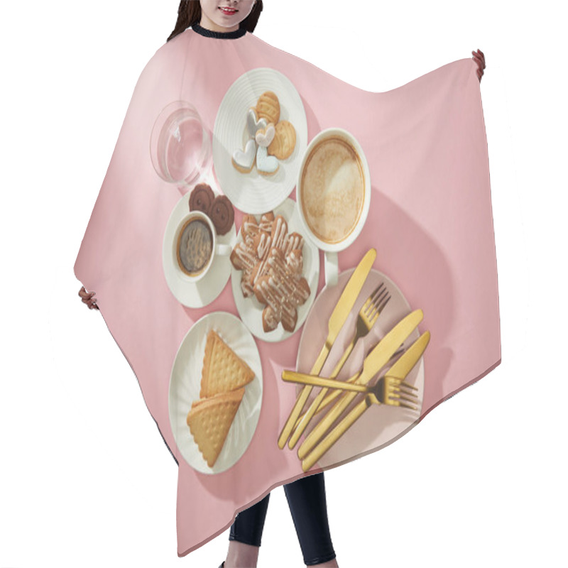 Personality  Top View Of Cookies With Glaze, Coffee And Glass Of Water On Pink Background Hair Cutting Cape