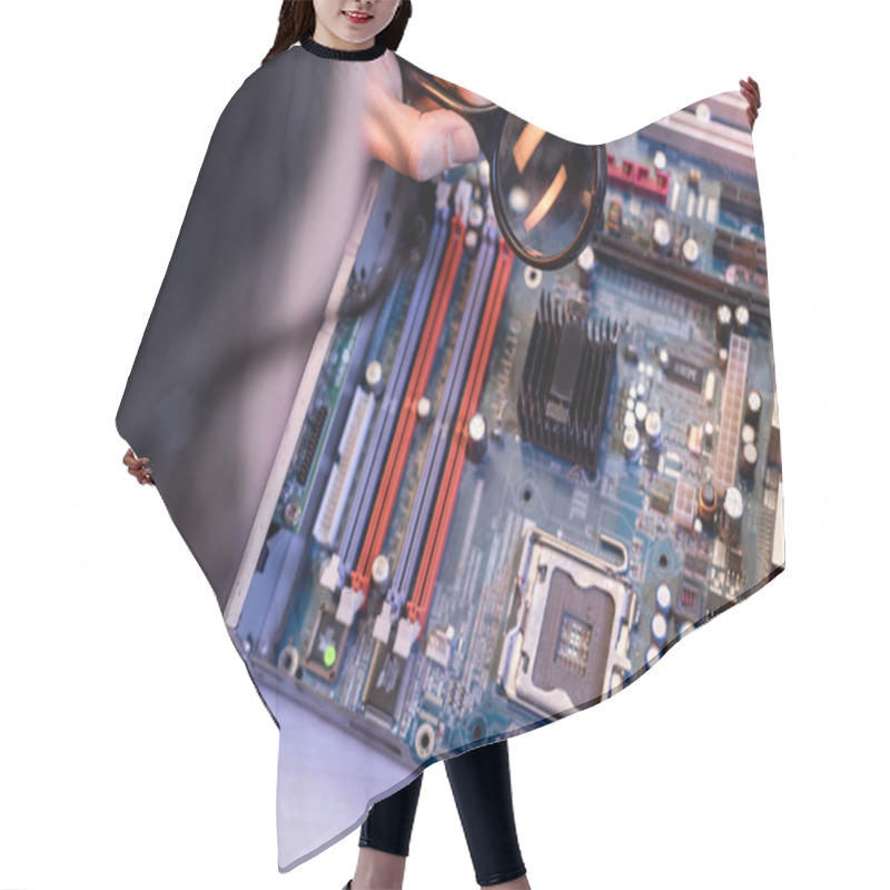 Personality  Cropped Image Of Man Using Magnifier While Fixing Motherboard Hair Cutting Cape