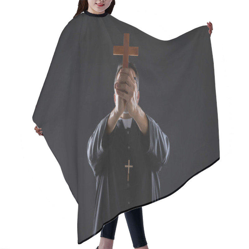 Personality  Priest Holding Cross Of Wood Praying In Foreground Hair Cutting Cape